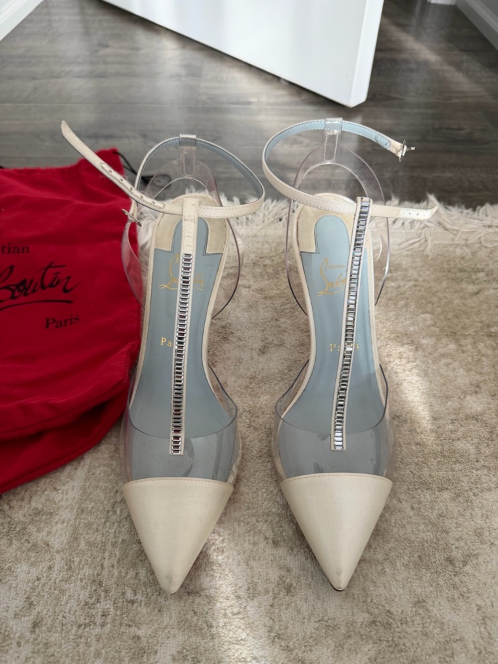 ***SOLD*** 
Christian Louboutin White and Clear Pointed T-Strap Slingback Pumps